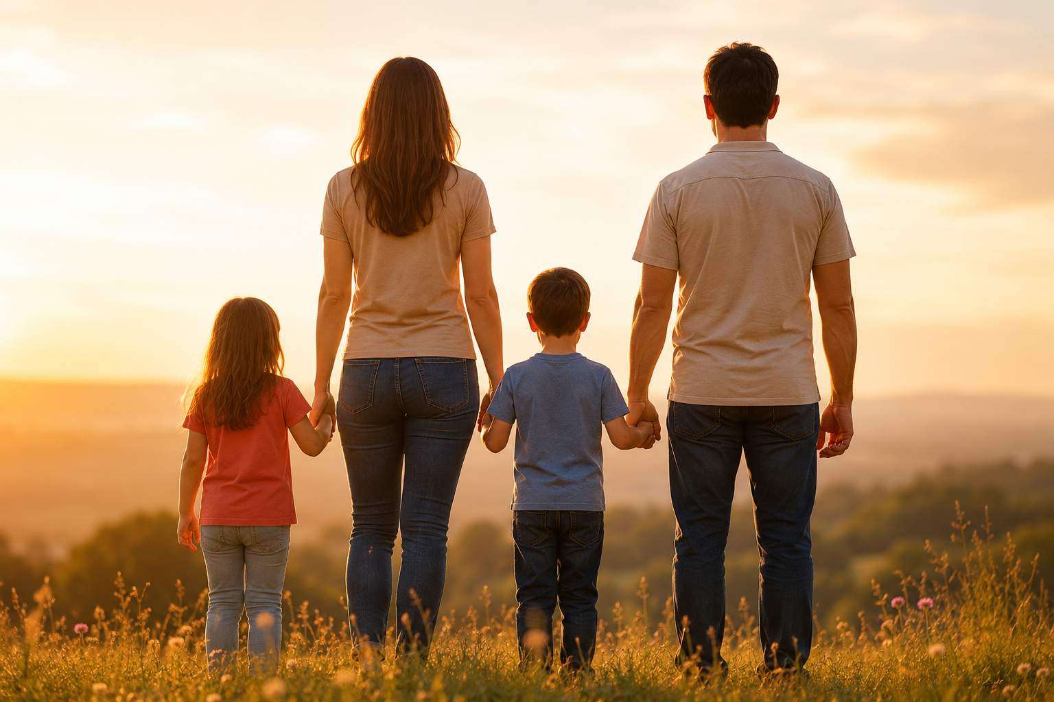 Familia caminando al atardecer, representando personas al centro de la justicia familiar